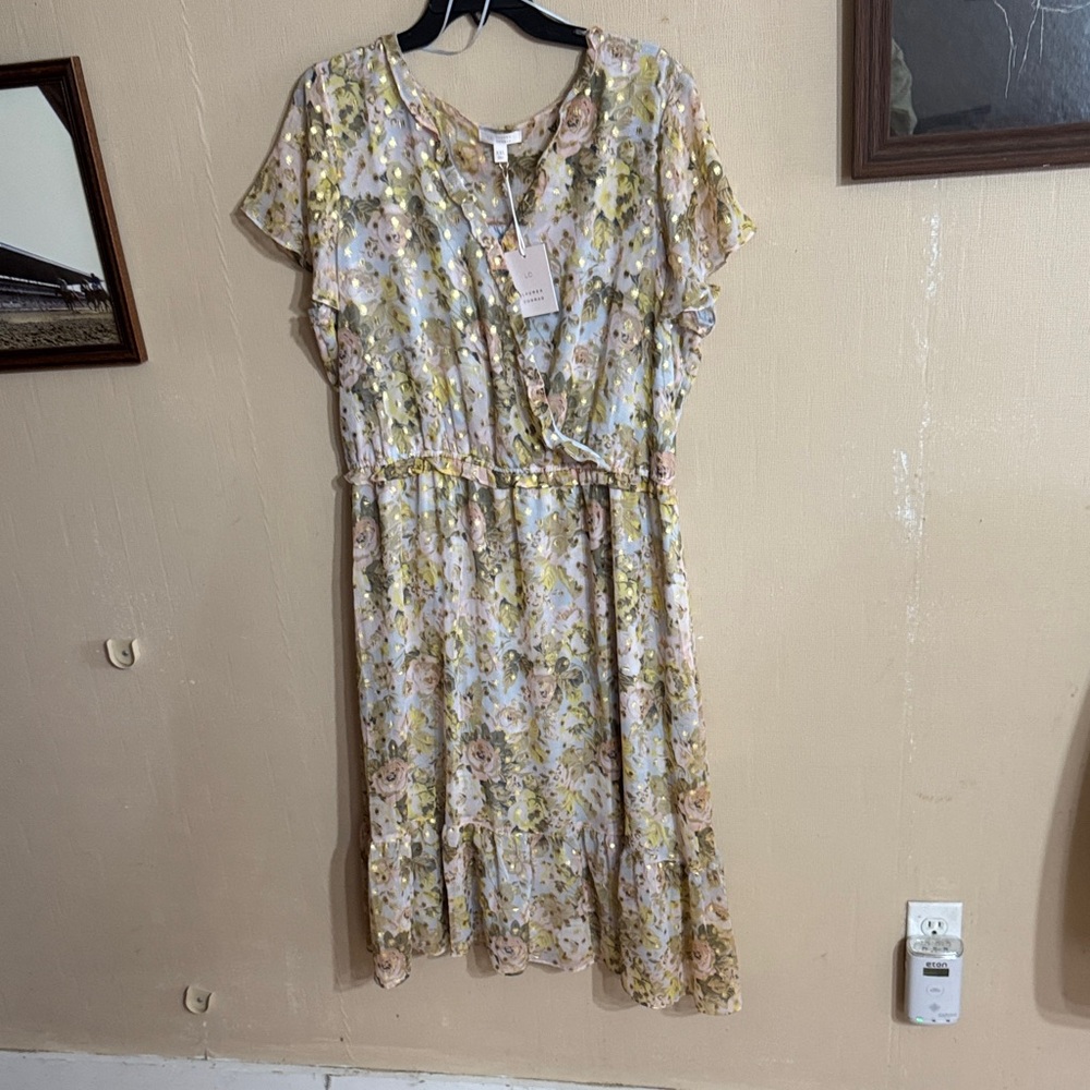LC Lauren Conrad Pale Yellow Floral Wrap-Style Midi Dress with Metallic Accents